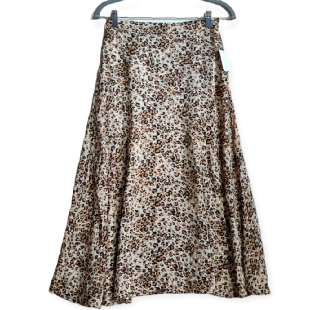 Status by Chenault Brown Midi Leopard Pull On Skirt Side Slit Flowy Size XS NWT